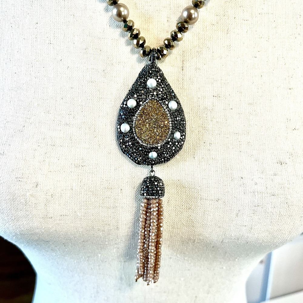 Whimsigoth Bohemian Luxe Statement Necklace Crystal Tassel Pendant Pearlcore